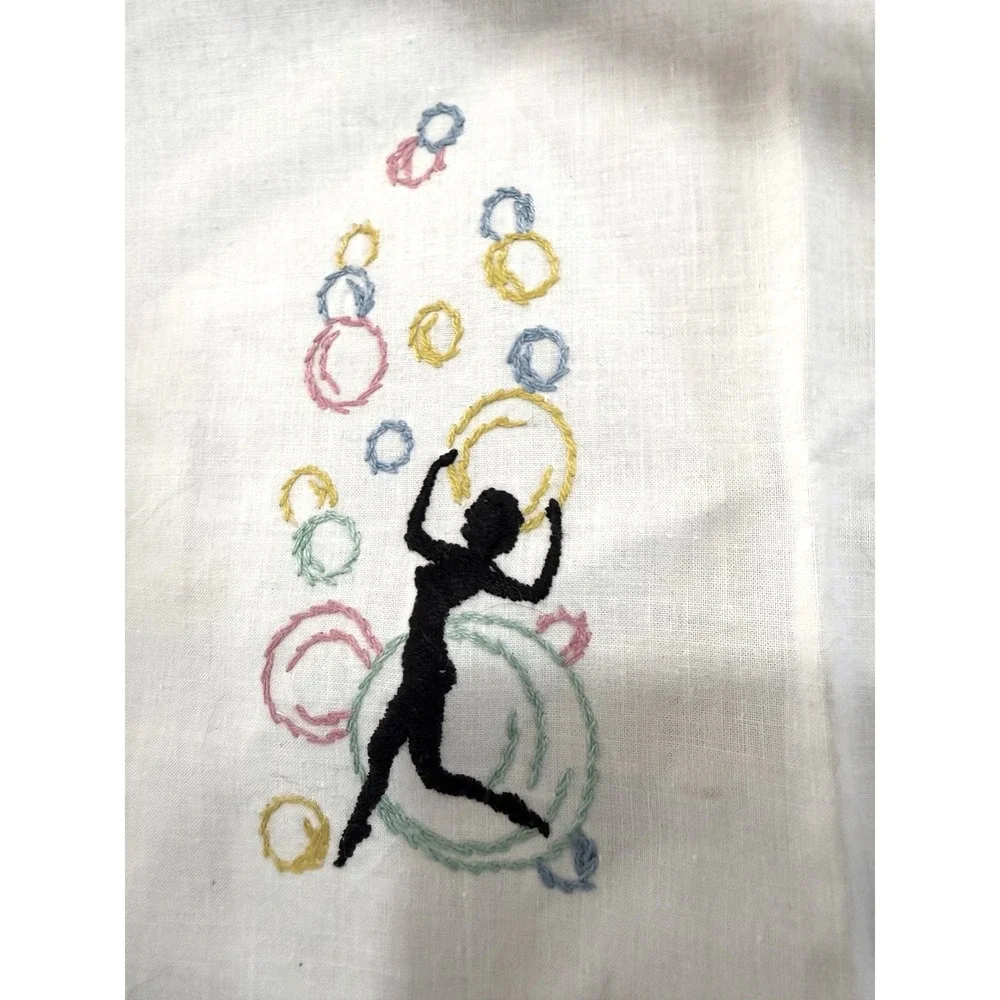 VTG Hand Embroidery‎ Guest Towel Circus Juggler Silhouette Aqua Trim Mid Century